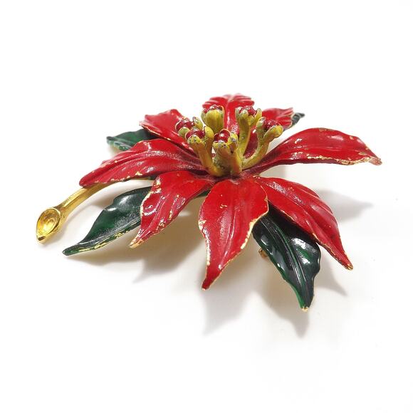 Weiss Poinsettia Brooch, Gold Plated Red Enamel, 1950s Vintage Jewelry - Picture 7 of 10